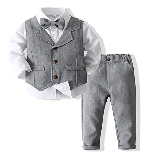 winying Baby Jungen Anzug Gentleman Outfit Langarm Fliege Hemd + Weste + Hose Kleinkinder Festlich Bekleidungsset Taufanzug Hochzeitanzug Festanzug Grau D 80-86 von winying