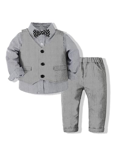 winying Baby Jungen Anzug Gentleman Outfit Langarm Fliege Hemd + Weste + Hose Kleinkinder Festlich Bekleidungsset Taufanzug Hochzeitanzug Festanzug Grau I 110-116 von winying