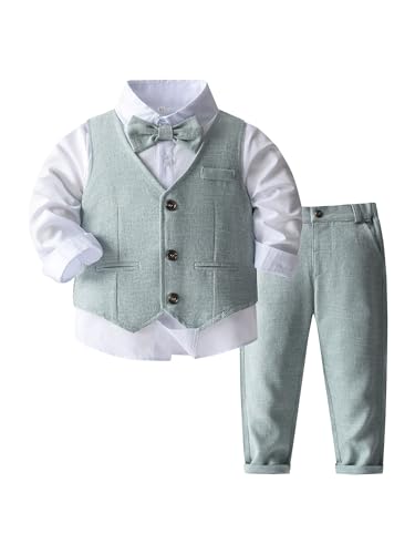 winying Baby Jungen Anzug Gentleman Outfit Langarm Fliege Hemd + Weste + Hose Kleinkinder Festlich Bekleidungsset Taufanzug Hochzeitanzug Festanzug Hellgrün HH 110-116 von winying