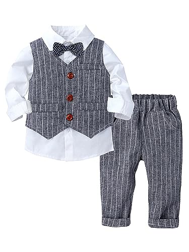 winying Baby Jungen Anzug Gentleman Outfit Langarm Fliege Hemd + Weste + Hose Kleinkinder Festlich Bekleidungsset Taufanzug Hochzeitanzug Festanzug Grau E 86-92 von winying