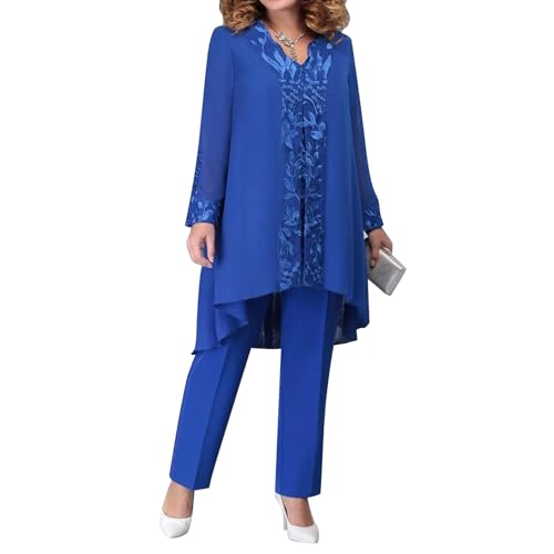 winying Damen 3tlg Anzug Set Festlich Hosenanzüge Kurzarm Shirts + Langarm Cardigen + Lange Hose Weites Bein Cocktail Party Abendanzug Blau 3XL von winying