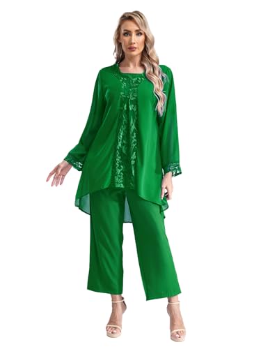 winying Damen 3tlg Anzug Set Festlich Hosenanzüge Kurzarm Shirts + Langarm Cardigen + Lange Hose Weites Bein Cocktail Party Abendanzug Grün L von winying