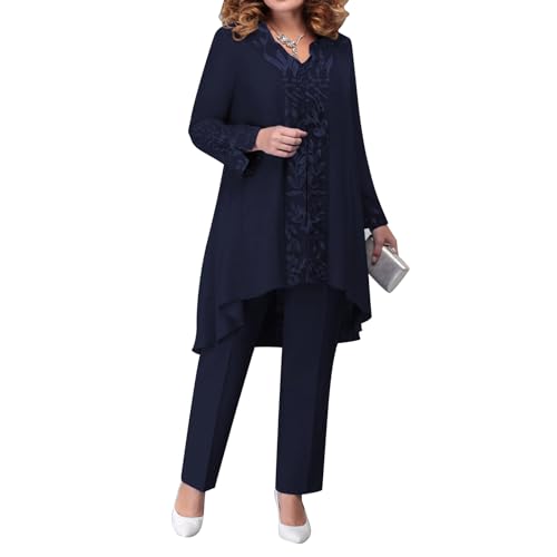 winying Damen 3tlg Anzug Set Festlich Hosenanzüge Kurzarm Shirts + Langarm Cardigen + Lange Hose Weites Bein Cocktail Party Abendanzug Navy blau 3XL von winying