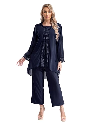 winying Damen 3tlg Anzug Set Festlich Hosenanzüge Kurzarm Shirts + Langarm Cardigen + Lange Hose Weites Bein Cocktail Party Abendanzug Navy blau XL von winying