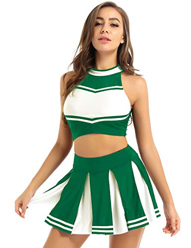 winying Damen Cheerleading Faschingskostüme Cheer Leader Uniform Crop Top und Minirock Faltenrock Tanzbekleidung Karneval Fasching Party Kostüm Grün XXL von winying