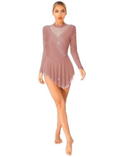 winying Damen Eiskunstlauf Kleid Glitzer Ballettkleid Ballettanzug Langarm Gymnastikbody Turnanzug Tanzkleid Wettbewerb Kostüm Braun A M von winying