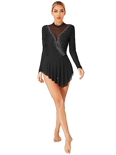 winying Damen Eiskunstlauf Kleid Glitzer Ballettkleid Ballettanzug Langarm Gymnastikbody Turnanzug Tanzkleid Wettbewerb Kostüm Schwarz L von winying