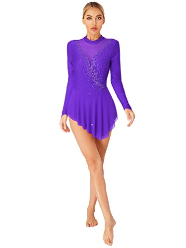 winying Damen Eiskunstlauf Kleid Glitzer Ballettkleid Ballettanzug Langarm Gymnastikbody Turnanzug Tanzkleid Wettbewerb Kostüm Violett XXL von winying