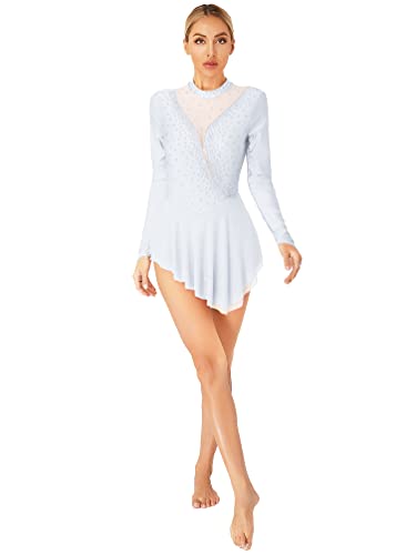 winying Damen Eiskunstlauf Kleid Glitzer Ballettkleid Ballettanzug Langarm Gymnastikbody Turnanzug Tanzkleid Wettbewerb Kostüm Weiß XL von winying