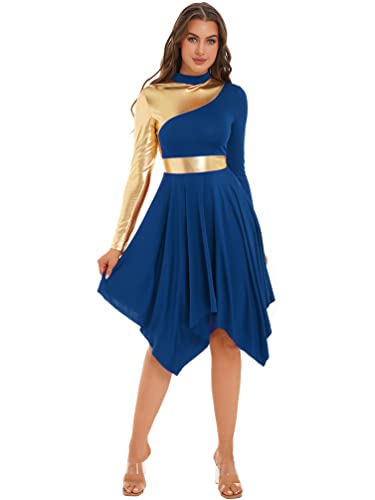 winying Damen Glänzend Eiskunstlauf Kleid Lyrische Tanzkleid Langarm Patchwork Ballettkleid Asymmetrischer Saum Chiffonrock Tanzrock Blau M von winying