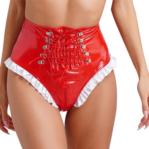 winying Damen Glänzend Lackleder Slip Sexy Wetlook Unterhosen Rüschen String Tanga Low Rise Hipster Pantys Dessous Kurze Hose Bikini Briefs Rot 4XL von winying