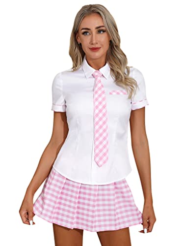 winying Damen Japanische Schulmädchen Kostüm Uniform Dessous Set Hemd+Minirock+Krawatten Halloween Cosplay Outfits Rosa M von winying