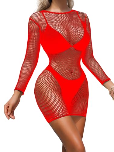 winying Damen Langarm Fischnetz Minikleid Durchsichtige Mesh Dessous Babyooll Bodycon Kleid Erotik Reizwäsche Gogo Clubwear Rot B Einheitsgröße von winying