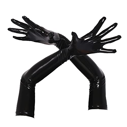 winying Damen Lange Handschuhe Glänzend Lack Leder Arm Hand Stulpen Sexy Fäustlinge Stretch Ärmel Gogo Outfits Clubwear Schwarz S von winying