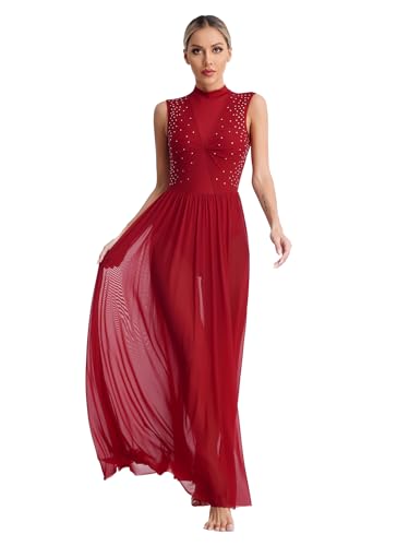 winying Damen Latein Tanzkleider Lyrisch Tanzkostüm Ärmellos Ballett Kleid Trikotkleid Latein Rumba Tango Kleid Ballsaal Lang Dancewear Burgundy XL von winying