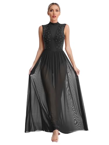 winying Damen Latein Tanzkleider Lyrisch Tanzkostüm Ärmellos Ballett Kleid Trikotkleid Latein Rumba Tango Kleid Ballsaal Lang Dancewear Schwarz L von winying