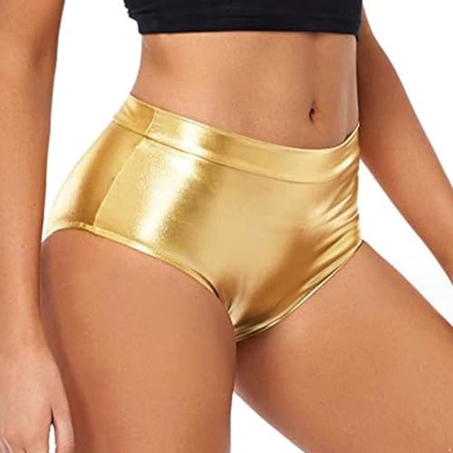 winying Damen Metallic Booty Shorts Glänzende Höschen Hot Pants Disco Kurze Hose Tanz Shorts High Waist Bikinihose Rave Sport Kostüm Gold M von winying