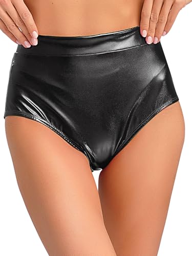 winying Damen Metallic Booty Shorts Glänzende Höschen Hot Pants Disco Kurze Hose Tanz Shorts High Waist Bikinihose Rave Sport Kostüm Schwarz L von winying