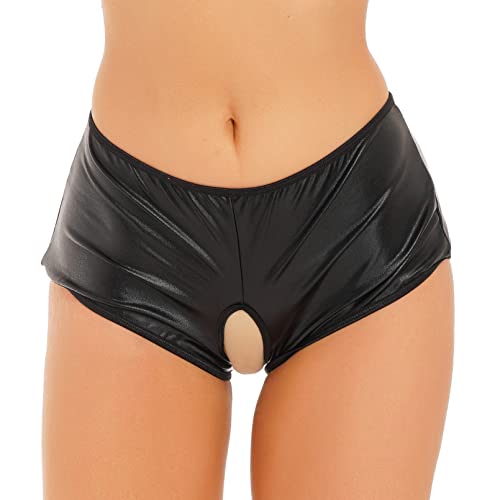 winying Damen Metallic Shiny Shorts Sexy Hot Pants Ouvert Höschen Offener Schritt Unterhose Boxershorts Erotik Unterwäsche Dessous Gogo Clubwear Schwarz L von winying