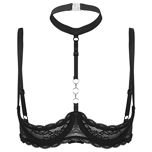 winying Damen Neckholder Spitzen BH Bra Nippelfrei Bustier Spaghettiträger Top Brustfrei Dessous Reizvolle Lingerie Sexy Push up Bikinioberteil Nachtwäsche Schwarz Q S von winying