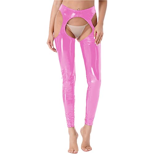 winying Damen Ouvert Kunstlederhose Wetlook Leggings Slim Fit Skinny Hose Erotik Strumpfhosen Gogo Tanz Lederhose in Schwarz gr. S-XXL Rosa L von winying