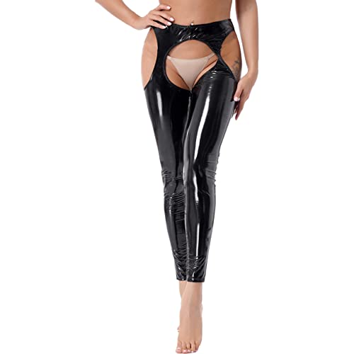 winying Damen Ouvert Kunstlederhose Wetlook Leggings Slim Fit Skinny Hose Erotik Strumpfhosen Gogo Tanz Lederhose in Schwarz gr. S-XXL Schwarz C XL von winying