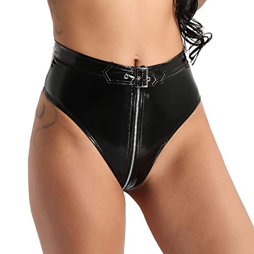 winying Damen Sexy Hotpants High Waist Bikinihose Unterwäsche Leder Schwarz Slip mit Zip im Schritt Gogo Tanz Shorts Metallic Clubwear Schwarz XL von winying