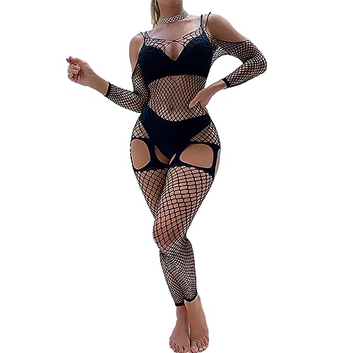 winying Damen Sexy Mesh Bodystocking Transparent Netz Body Dessous Catsuit Ärmellos Spitzen Hohle Ouvert Bodysuit Jumpsuit Mit Offen im Schritt Overall Reizwäsche Schwarz Einheitsgröße von winying