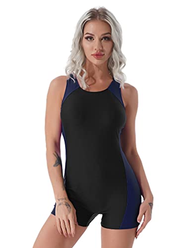 winying Damen Sport Badeanzug Bauchweg Schwimmanzug mit Bein Bademode Slim Figurformend Einteiler Badebekleidung Racerback Sportbody Navy Blau F XXL von winying