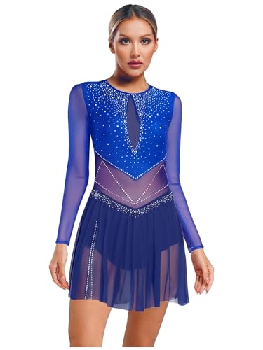 winying Damen Strass Eiskunstlaufkleider Langarm Mesh Rollkunstlauf Tanzanzug Trikotanzug Tanzbody Tanzkostüm Blau L von winying