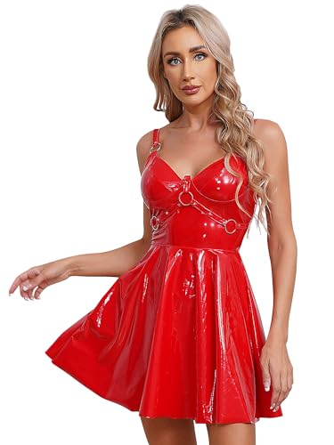 winying Damen Wetlook Lack Leder Rock mit Hosenträger Unterbrust Corsage Kleid mit Zipper Strapse Top Minikleid Punk Gothic Clubwear S-XXL Rot D 5XL von winying