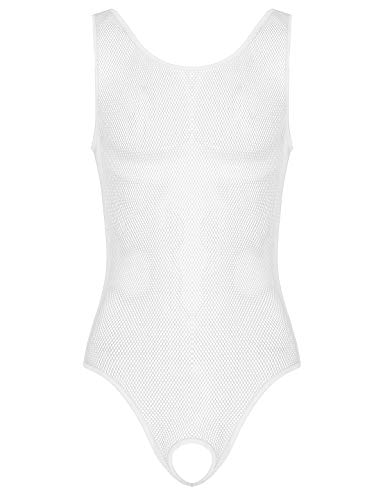 winying Herren Fishnet Bodysuit Durchsichtig Tank Top Figurbetond Unterhemd Kurz Overalls Einteiler Unterwäsche Clubwear Weiß M von winying