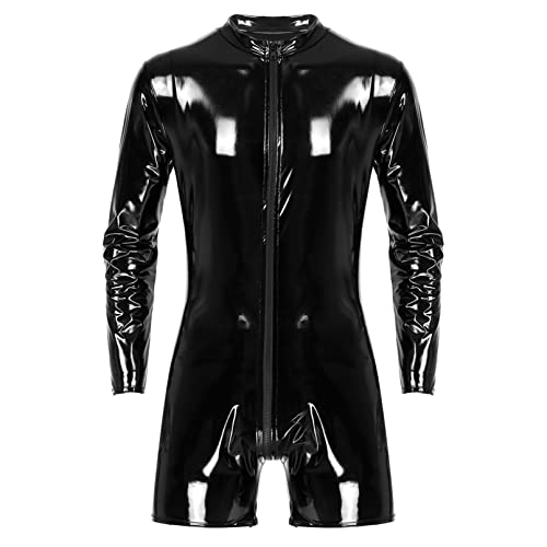 winying Herren Glänzend Bodysuit Rollkragen Bluse Kurzarm Shirt in Lack Leder Optik Erotik Unterwäsche Männer Stringbody Nachtclub Bar Outfits Schwarz C 3XL von winying