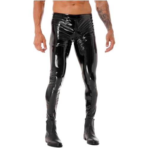 winying Herren Lange Wetlook Leggings Leder Pants Hoch Taille Strumpfhosen mit Reißverschluss Pantyhose Enge Bleistift Hose Unterwäsche Schwarz L von winying