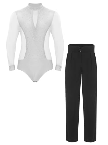 winying Herren Latein Tanzkleidung Glitzer Gymnastikanzug Eislauf Turnanzug mit Tanzhosen Langarm Gymnastik Eiskunstlauf Kostüm Weiß L von winying