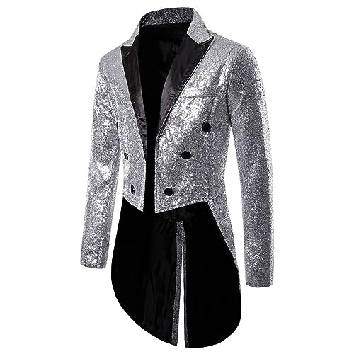 winying Herren Pailletten Anzug Jacke Blazer Mäntel Party Smokingjacke Vintage Abendessen Bankett Abschlussball Slim Fit Frack Kleid Zirkus Kostüm Silber XL von winying