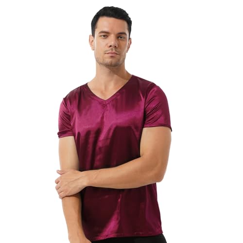 winying Herren Satin Tank Top Unterhemd Kurzarm T-Shirt V-Ausschnitt Schlafanzugoberteil Glatte Unterwäsche Sommer Nachtwäsche Burgundy XXL von winying