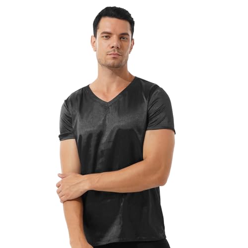 winying Herren Satin Tank Top Unterhemd Kurzarm T-Shirt V-Ausschnitt Schlafanzugoberteil Glatte Unterwäsche Sommer Nachtwäsche Schwarz L von winying