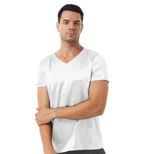 winying Herren Satin Tank Top Unterhemd Kurzarm T-Shirt V-Ausschnitt Schlafanzugoberteil Glatte Unterwäsche Sommer Nachtwäsche Weiß XXL von winying
