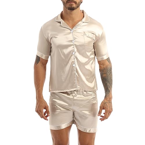 winying Herren Schlafanzug Kurz Satin Pyjamas Set Kurzarm Hemd Top Shirt + Kurze Hose Lässig Shorts Sommer Nachtwäsche Sekt L von winying