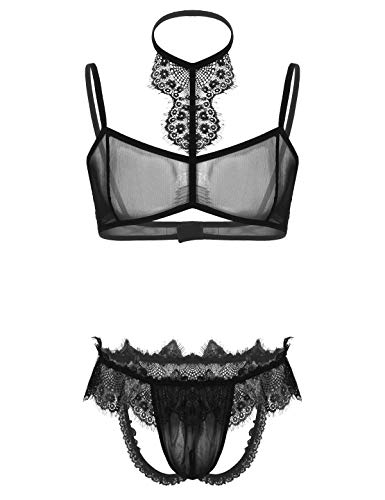 winying Herren Sissy Dessous Set Choker Bustier BH und Spitzen Mesh Ouvert Jockstrap Durchsichtig Reizwäsche Männer Clubwear Schwarz XL von winying