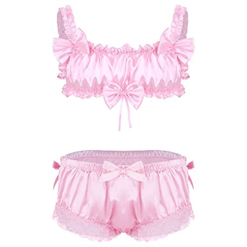 winying Herren Sissy Dessous Set Satin Bustier Top Geraffte Unterwäsche mit Spitzen Rüschen Unterhosen Boxershorts Retroshorts Rosa XL von winying