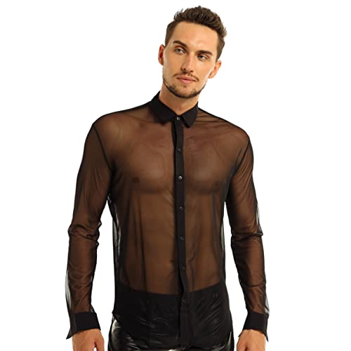 winying Herren Transparent Shirts Button Down Langarm Hemd Netz Unterhemd Netzshirt Slim Fit Muskelshirt Sexy Mesh Top Reizwäsche Clubwear Schwarz M von winying