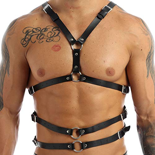 winying Herren Verstellbare Geschirr PU Leder Brust Harness mit Schnalle Metall O-Ring/Kette Punk Gothic Körper Harnisch Schulter Gurt Sexy Clubwear Schwarz H Einheitsgröße von winying