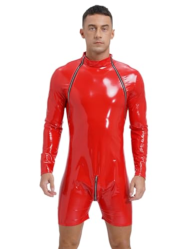 winying Herren Wetlook Bodysuit Lack Leder Kurzarm Body Ouvert Mit Body Ouvert Männer Sissy Dessous Hemd Bluse Gogo Clubwear Rot C M von winying