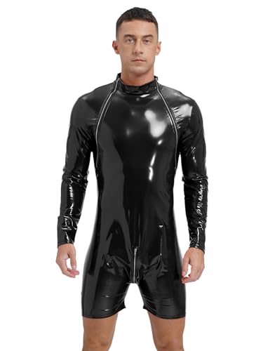 winying Herren Wetlook Bodysuit Lack Leder Kurzarm Body Ouvert Mit Body Ouvert Männer Sissy Dessous Hemd Bluse Gogo Clubwear Schwarz C 3XL von winying