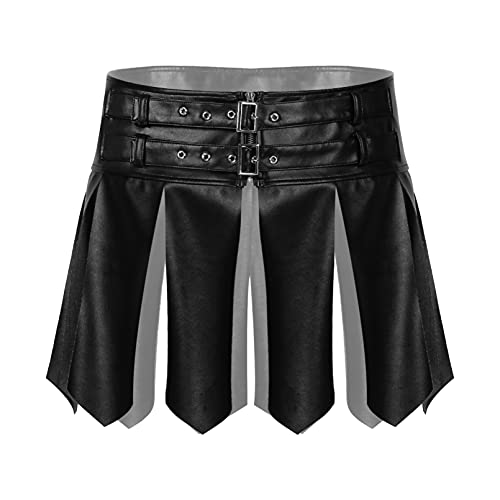 winying Herren Wetlook Kilt Lack Leder Rock Minirock mit Gürtel Reisverschluss Breiter Fransen Röckchen Punk Gothic Soldaten Schottenrock Schwarz 3XL von winying