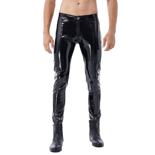 winying Herren Wetlook Skinny Hose Lack Leder Leggings Tights mit Bulge Beutel Stretch Kunstlederhose Slim Fit Gerader Schnitt Erotik Pants Schwarz XXL von winying