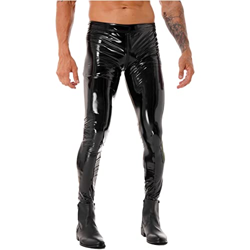 winying Herren Wetlook Skinny Hose Lack Leder Leggings Tights mit Bulge Beutel Stretch Kunstlederhose Slim Fit Gerader Schnitt Erotik Pants Schwarz E M von winying