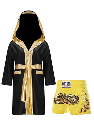 winying Kinder Jungen Kickboxen Kampfsportler Trainingsanzug Langarm Kapuzenmantel Und Boxing Shorts 2tlg Boxanzug Schwarz Gelb 146-152 von winying